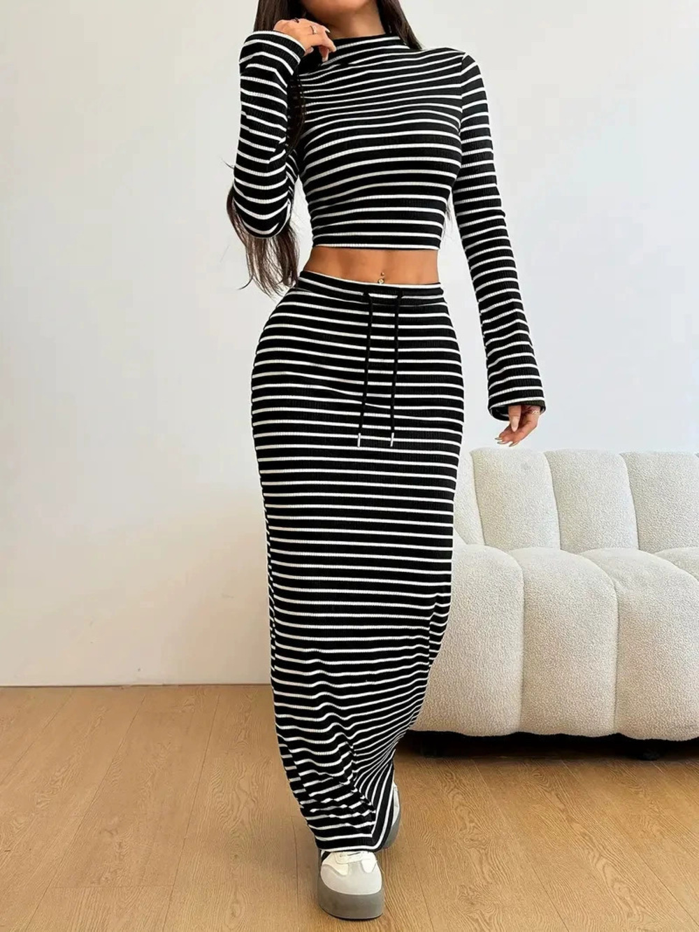 ZARA Solid Striped Set Mock Neck Long Sleeve Top Drawstring Waist Skirt - Picture 4 of 6